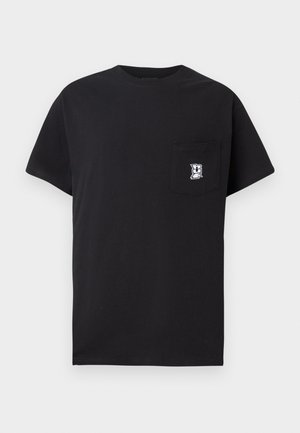 Black cotton t-shirt with short sleeves and a round neckline. Features a left chest pocket with a logo in white. Simple, unadorned design.