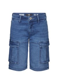 Shorts cargo de mezclilla en azul medio, con múltiples bolsillos laterales, un corte regular y cierre de botón en la cintura. Talla 152.