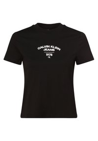 Svart bomullströja med rund halsringning, korta ärmar och en vit tryckt logga med "CALVIN KLEIN JEANS 1978" samt ett litet emblem.