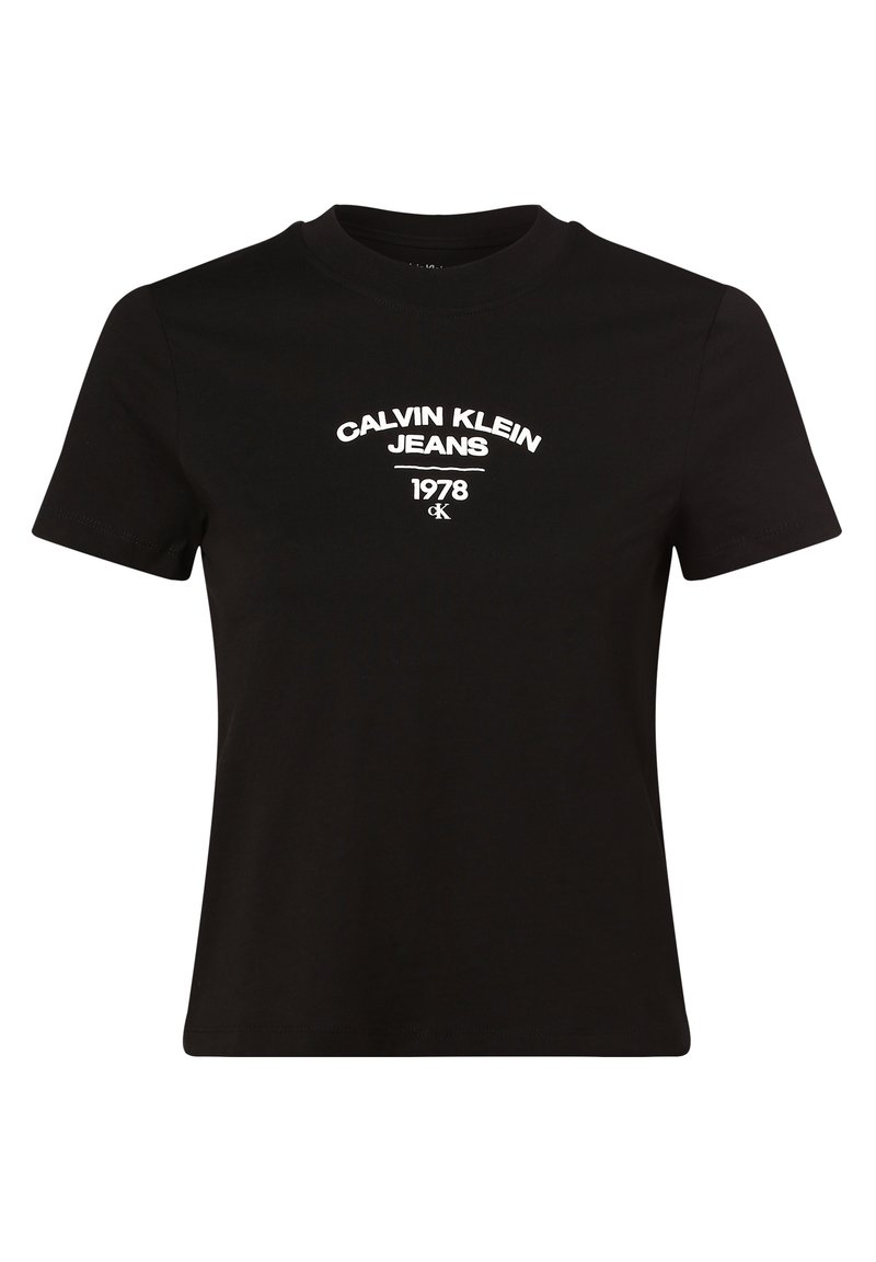 Svart bomullströja med rund halsringning, korta ärmar och en vit tryckt logga med "CALVIN KLEIN JEANS 1978" samt ett litet emblem.
