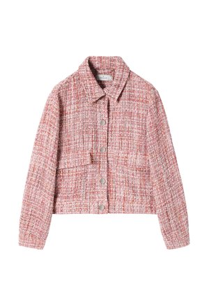 Giacca in tweed rossa e bianca con colletto, bottoni frontali e due tasche. Tessuto testurizzato con una vestibilità corta e maniche lunghe.