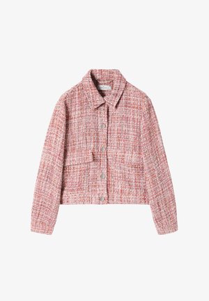 Czerwono-biała tweedowa kurtka z kołnierzykiem, zapinana na guziki z przodu i wyposażona w dwie kieszenie. Teksturowana tkanina o krótkim kroju i długich rękawach.