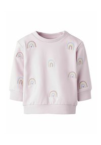 Roosa lühikeste varrukatega sviiter, millel on mitmevärvilised tikitud vikerkaared, mis on jaotatud kangale. Ribbitud äär ja varrukad.