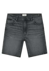Shorts de denim gris Wrangler con un diseño clásico de cinco bolsillos, cremallera y un leve desgaste en la tela. Largo hasta el muslo con dobladillo limpio.