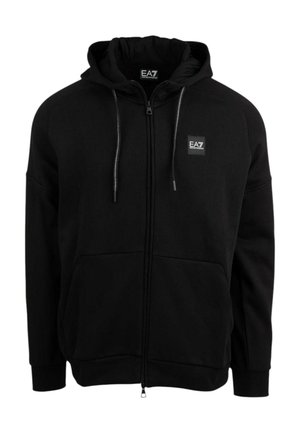 Felpa con cappuccio nera con zip in tessuto morbido, caratterizzata da una toppa con logo frontale, coulisse regolabili, tasche frontali e polsini e orlo a costine.