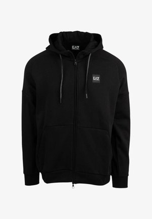 Felpa con cappuccio nera con zip in tessuto morbido, caratterizzata da una toppa con logo frontale, coulisse regolabili, tasche frontali e polsini e orlo a costine.