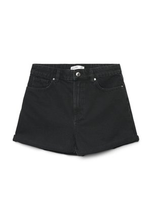 Shorts di denim nero con bottone frontale, passanti per cintura, due tasche anteriori e orli risvoltati su sfondo bianco.