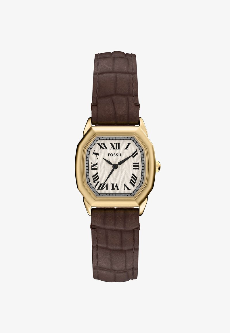 Octagonal fossil watch with a gold-tone case, white textured dial, Roman numerals, and a dark brown embossed leather strap.
