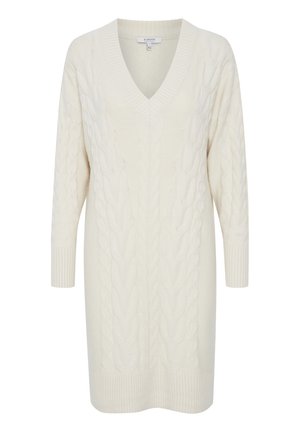 Cremfarbendes gestricktes Kleider mit V-Ausschnitt, das über Zopfmuster, lange Ärmel und gerippte Bündchen sowie Saum verfügt.