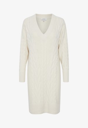 Kremo spalvos megztas suknelė su V formos iškirpte, dekoruota kabelinių raštų, ilgos rankovės ir supplearnomis bei apačioje.