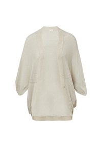 Strickjacke in Hellbeige, offenes Design mit weiten Ärmeln, mit strukturierter Oberfläche und subtilen Rippenverzierungen an den Kanten.