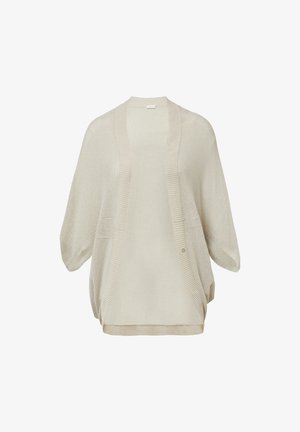 Knit cardigan in light beige, open-front design with wide sleeves, featuring a textured surface and subtle ribbed trim along the edges.