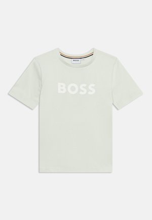 Light grey short-sleeve T-shirt with round neck and "BOSS" printed in large white letters on the front center.