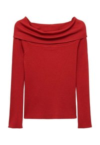 Röd off-shoulder stickad topp med långa ärmar, ribbad textur och cowl neck-design, med en figurnära silhuett.