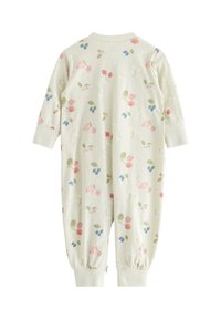 Lysegrønt stof-bodystocking med et blomsterdesign, der inkluderer jordbær, blåbær og små hvide blomster. Elastiske manchetter ved håndled og ankler.