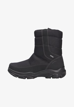 Schwarzer wasserdichter Winterstiefel mit gepolstertem Schaft, strukturierten Seitenpaneelen und einer Gummisohle. Verfügt über einen seitlichen Reißverschluss für ein einfaches Anziehen.