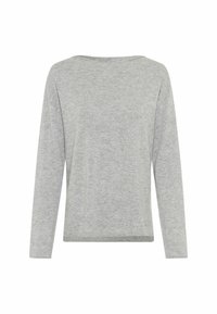 Langärmliges graues Oberteil aus weichem Stoff. Hat einen weit geschnittenen Halsauschnitt, eine lockere Passform und eine subtile Textur, ohne sichtbare Muster oder Hardware.