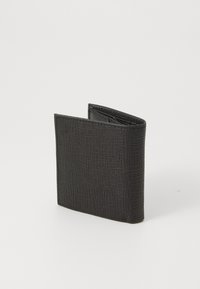 Black leather wallet with a textured finish, featuring a bi-fold design. Compact shape with visible stitching and smooth edges.