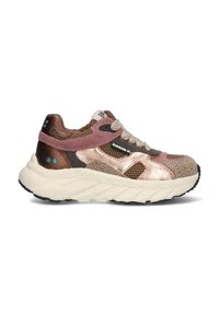 Sneakers met een bovenwerk van gaas en metallic roze, bruine accenten, een beige zool en textuurdetails. Vetersluiting met gepatenteerde veters.