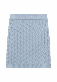 Kauluskoneen neulehame vaaleansinisessä värissä, jossa on teksturoitu kuvio ja ribbireunus vyötäröllä. Helmakaari sijaitsee keski-reiteen ylle.