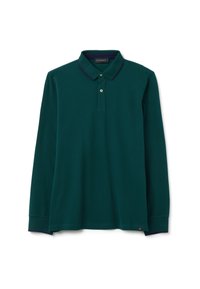 Langärmliges Poloshirt aus dunkelgrünem Baumwollstoff mit einem kontrastierenden lila Kragen, einer Knopfleiste mit zwei Knöpfen und dezenten Logodetails am Saum.
