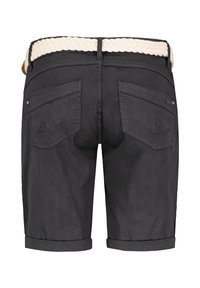 Dark grey shorts featuring a braided white belt, four pockets, and rolled cuffs. Made from a textured fabric with subtle stitching details.