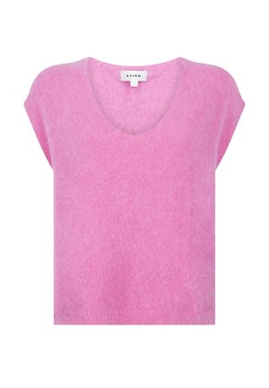 Zacht roze mouwloze sweatervest met V-hals en geribde zoom, gemarkeerd maat small door het merk AAIKO.