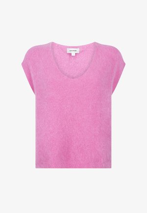 Zacht roze mouwloze sweatervest met V-hals en geribde zoom, gemarkeerd maat small door het merk AAIKO.