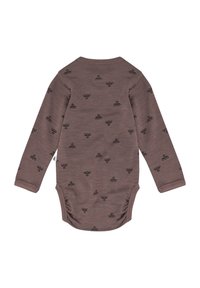 Brązowy bodysuit z długim rękawem z powtarzającym się czarnym wzorem stylizowanych kształtów. Wykonany z miękkiej, teksturowanej tkaniny z okrągłym dekoltem.