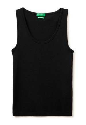 Schwarzes ärmelloses Tanktop mit rundem Ausschnitt und grünem „United Colors of Benetton“-Label innen im Kragen.