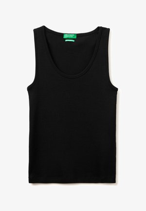 Schwarzes ärmelloses Tanktop mit rundem Ausschnitt und grünem „United Colors of Benetton“-Label innen im Kragen.