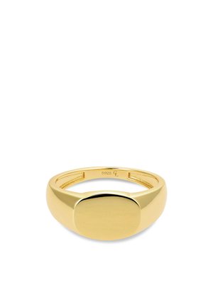 Guldring med glat, oval flad top og poleret bånd synligt på en hvid baggrund.