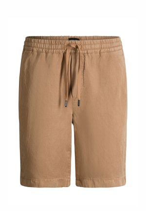 Beige Freizeithosen mit elastischem Bund und verstellbarem Kordelzug, geradem Schnitt und knielangem Saum.