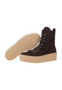 Brown suede high-top sneakers with a ribbed cream-colored platform sole, gray laces, and a looped pull tab at the back.
