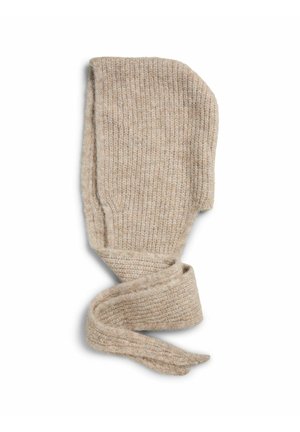 Woolen bonnet in a light beige color, featuring a textured knit and elongated ties for securing. The design is seamless with a rounded top.
