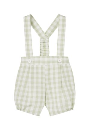 Combishort bébé à carreaux vert clair et blanc avec bretelles élastiques croisées dans le dos et détails de boutons à la taille.