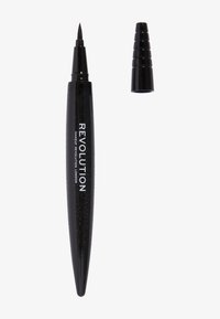 Svart eyeliner-penne med en fin spiss, med en avsmalnende design. Glansfull finish, merket "REVOLUTION" i hvitt, med en avtakbar hette.