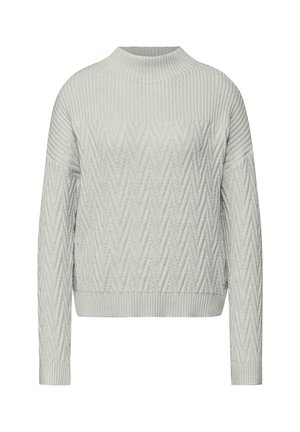 Lysegrå sweater med et tekstureret zigzag-mønster, ribbede manchetter og høj hals. Fremstillet af et blødt strikstof med en afslappet pasform.