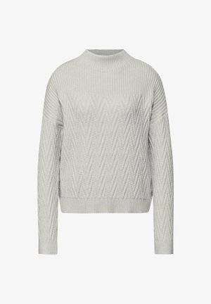 Lysegrå sweater med et tekstureret zigzag-mønster, ribbede manchetter og høj hals. Fremstillet af et blødt strikstof med en afslappet pasform.