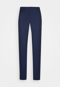Pantaloni tailored blu navy in tessuto testurizzato, con pieghe nette e design a gamba dritta. Nessun elemento di chiusura o decorazione visibile.