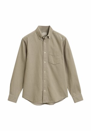 Licht olijfgroene button-up shirt van zachte stof, met een kraag, lange mouwen en een borstzak met een subtiele textuur.
