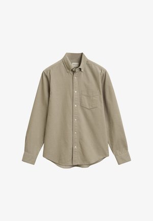 Licht olijfgroene button-up shirt van zachte stof, met een kraag, lange mouwen en een borstzak met een subtiele textuur.