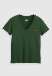 Dark green v-neck t-shirt made from cotton, featuring short sleeves and a small red Levi's logo on the chest. Soft texture, casual design.