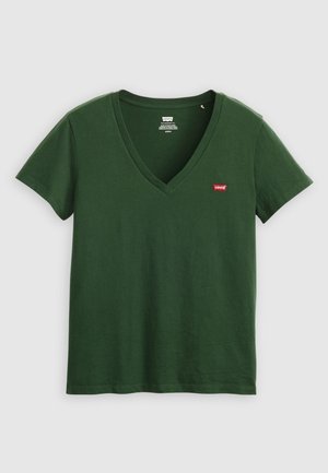 Mörkgrön v-ringad t-shirt i bomull, med korta ärmar och en liten röd Levi's-logotyp på bröstet. Mjuk textur, avslappnad design.