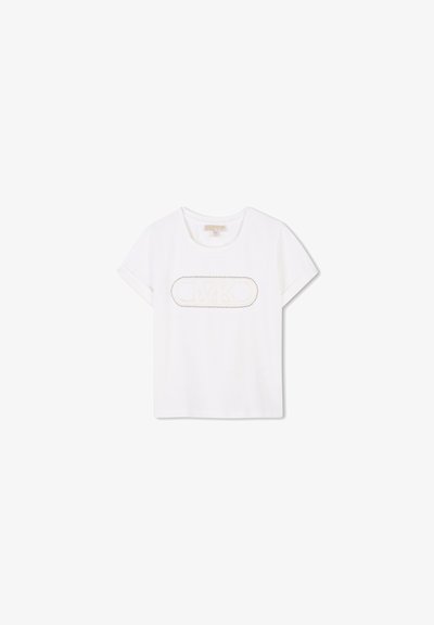 White cotton T-shirt with short sleeves. Features a round neckline and a central logo design with perforations outlining the letters "MK."