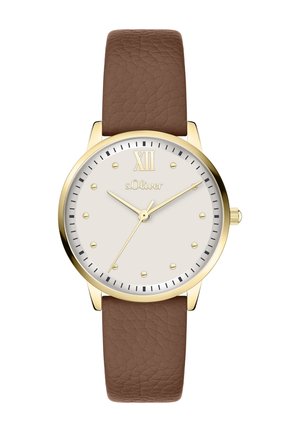 Round watch with a beige face, gold-toned case, and brown leather strap. Features Roman numeral XII and dotted hour markers.