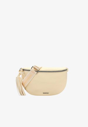 Marsupio beige chiaro con chiusura a zip, tracolla regolabile e dettaglio con nappina su sfondo bianco.