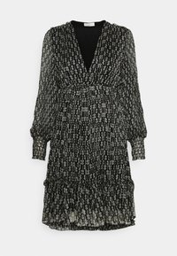 Schwarzes Kleid mit langen Puffärmeln, V-Ausschnitt und elastischem Bund. Verfügt über weiße Blumenmuster und einen gestuften Rüschensaum. Leichtes, transparenter Stoff.