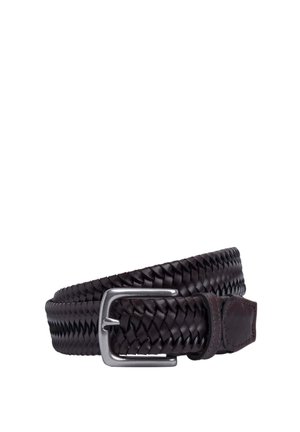 Braided brown leather belt with a silver metal buckle and contrasting stitching accents, featuring a flexible, textured design.