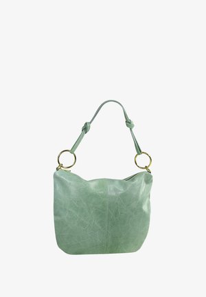 Weiche, grüne Kunstlederhandtasche mit runder Form, Knoten-Detail am Schulterriemen und goldenen, runden Hardware-Akzenten.